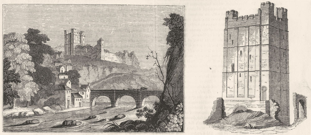 YORKS. Richmond Castle, river Swale; keep of 1845 old antique print picture